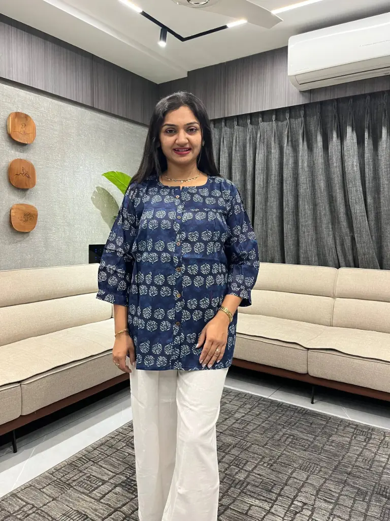 Indigo Leaf Print Cotton Pleated Top