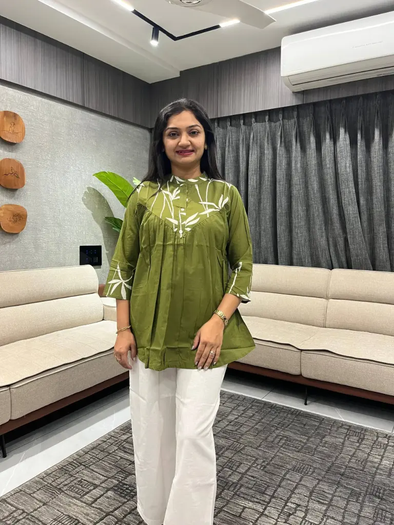 Olive Leaf-Print Cotton Pleated Tunic