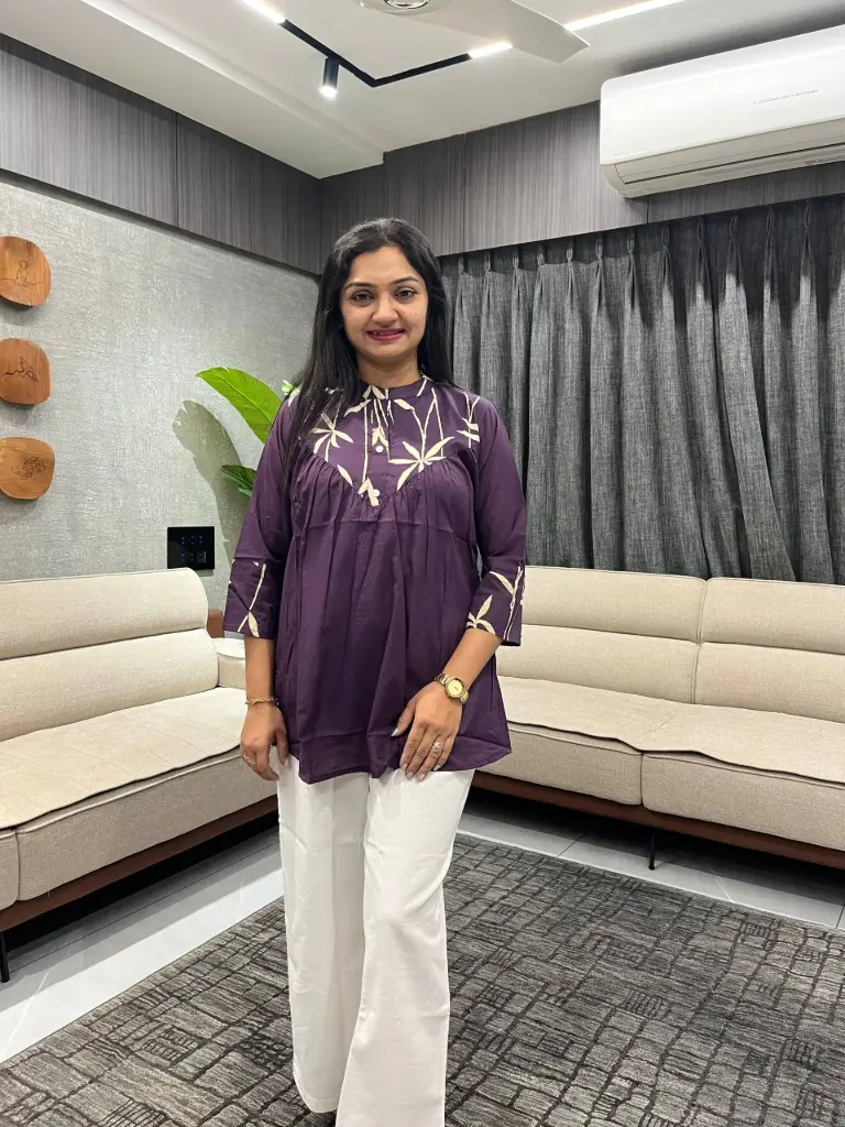 Plum Leaf-Print Cotton Pleated Tunic