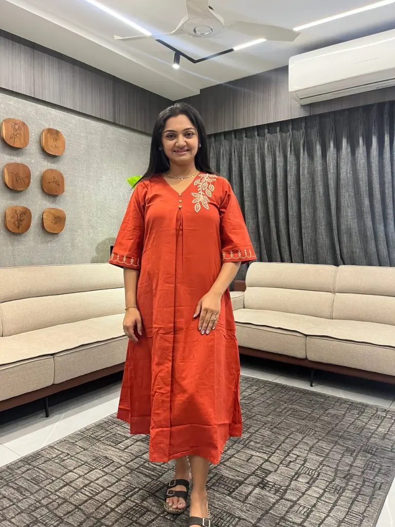 Burnt Sienna Embroidered Flex Cotton Midi