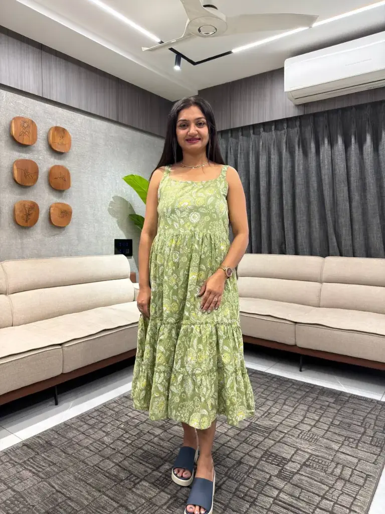 Sage Green Pure Cotton Floral Printed Tiered Dress