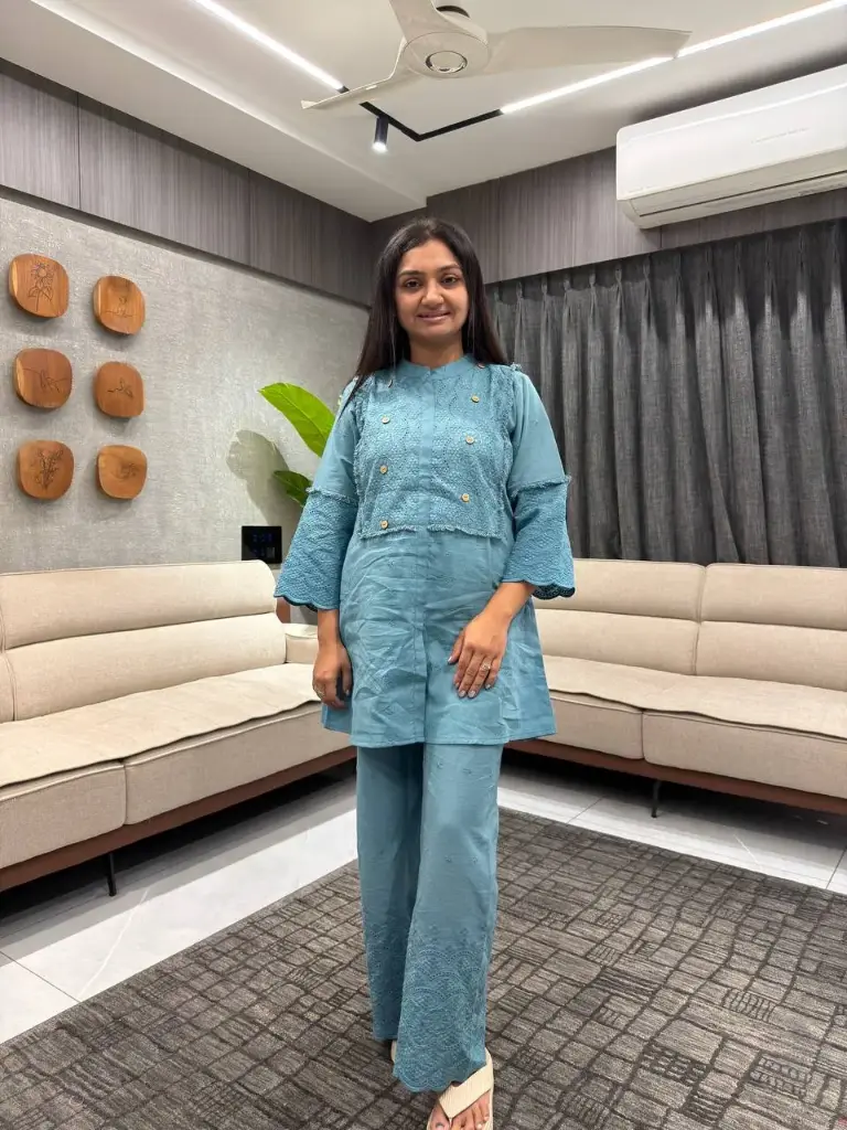 Teal Blue Schiffli Cotton Co-Ord Set