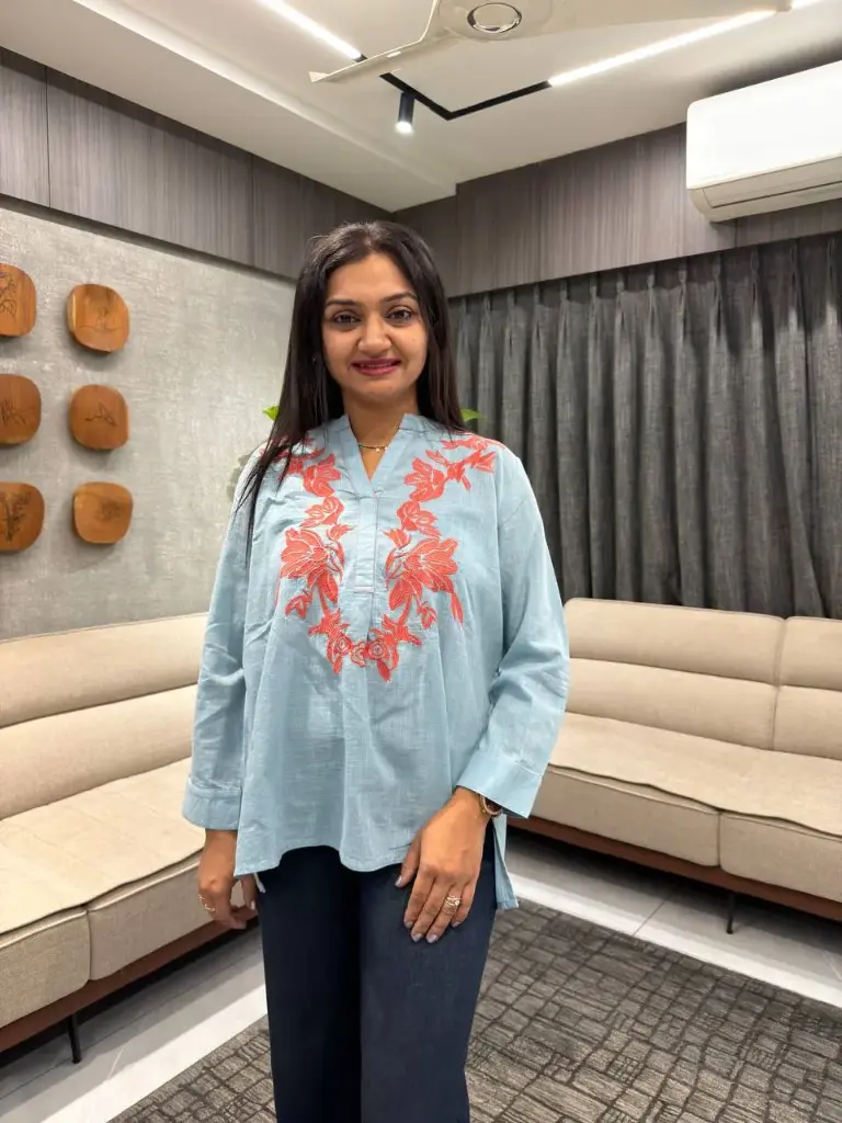 Sky Blue Coral Embroidered Cotton Top