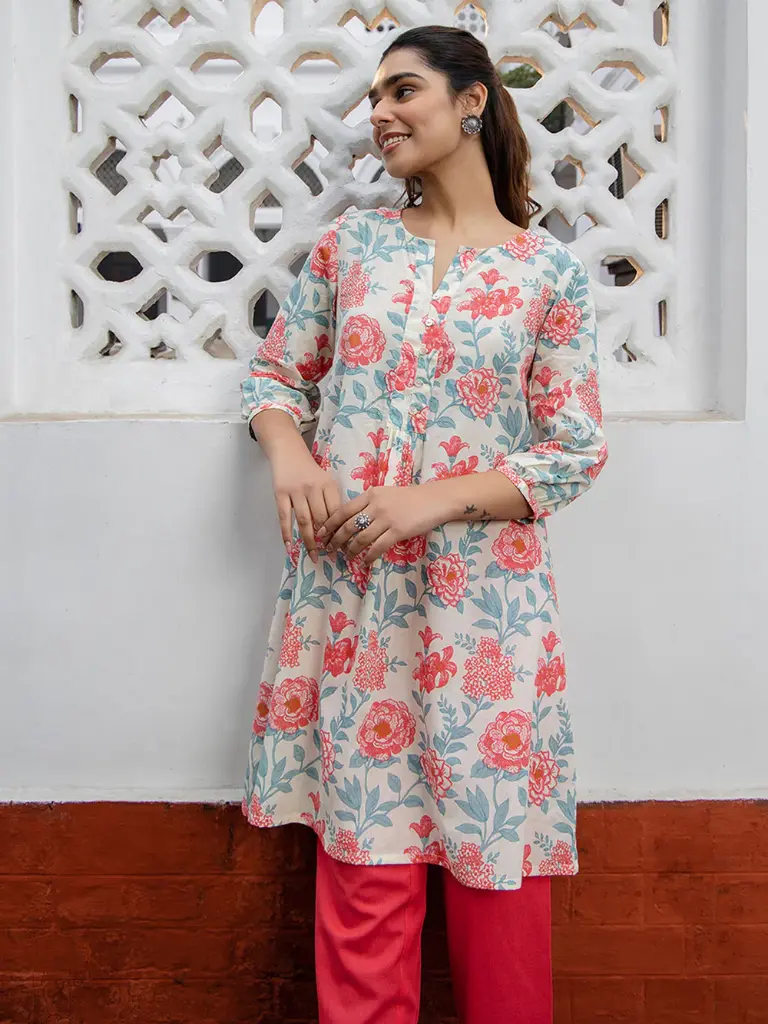 Elegant Ivory Bloom Floral Cotton A-Line Tunic