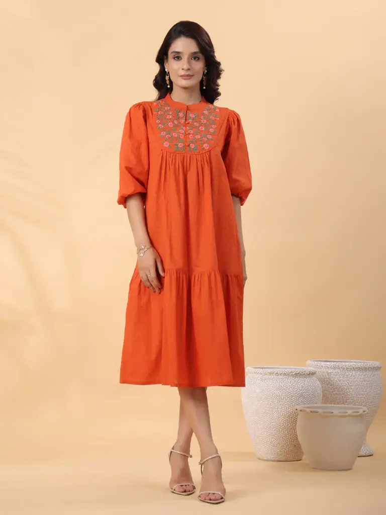Rust Dobby Cotton Embroidered Pleated Dress