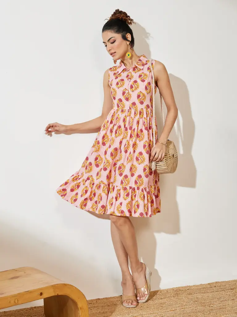 Pink Pure Cotton Floral Printed Fit & Flare Dress