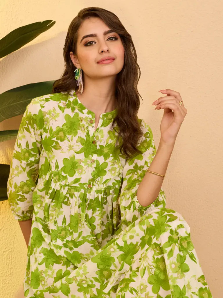 White Pure Cotton Floral Printed A-line Dress