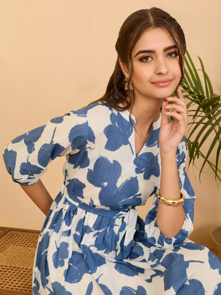 Slate Blue Pure Cotton Floral Printed Fit & Flare Dress