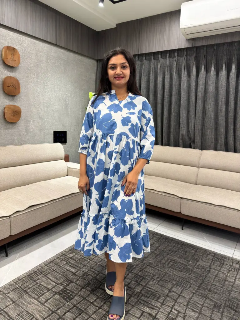 Slate Blue Pure Cotton Floral Printed Fit & Flare Dress