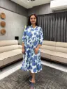 Slate Blue Pure Cotton Floral Printed Fit & Flare Dress