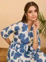 Slate Blue Pure Cotton Floral Printed Fit & Flare Dress