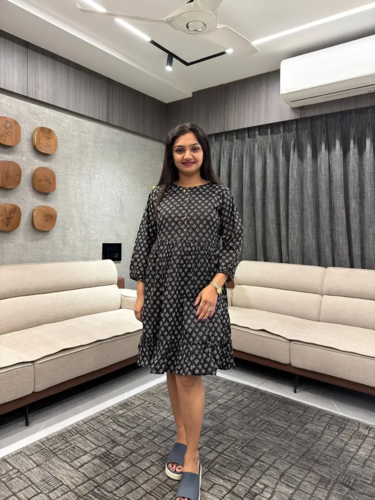 Black Pure Cotton Floral Printed A-line Dress