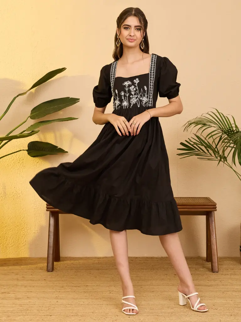 Black Pure Cotton Floral Embroidered Gathered Dress
