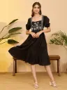 Black Pure Cotton Floral Embroidered Gathered Dress