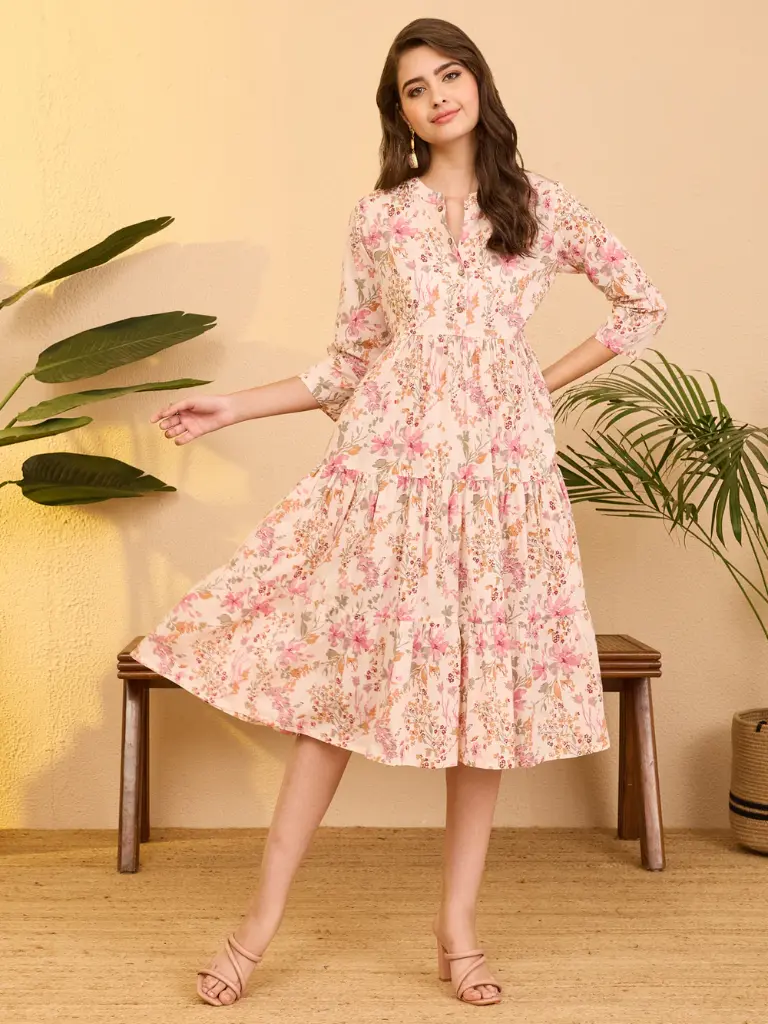 Baby Pink Pure Cotton Floral Printed Tiered Dress