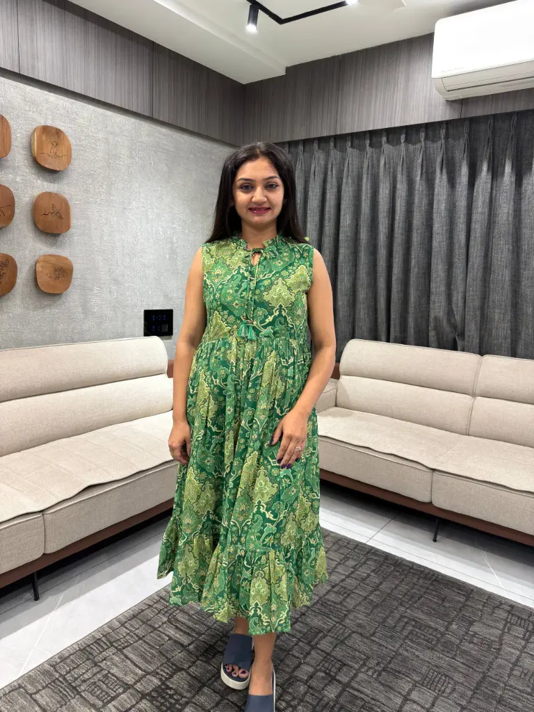 Green Georgette Floral Printed Fit & Flared Dress