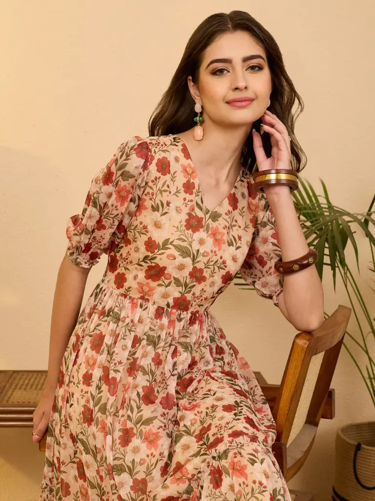 Beige Chiffon Floral Printed Gathered Dress