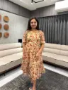 Beige Chiffon Floral Printed Gathered Dress