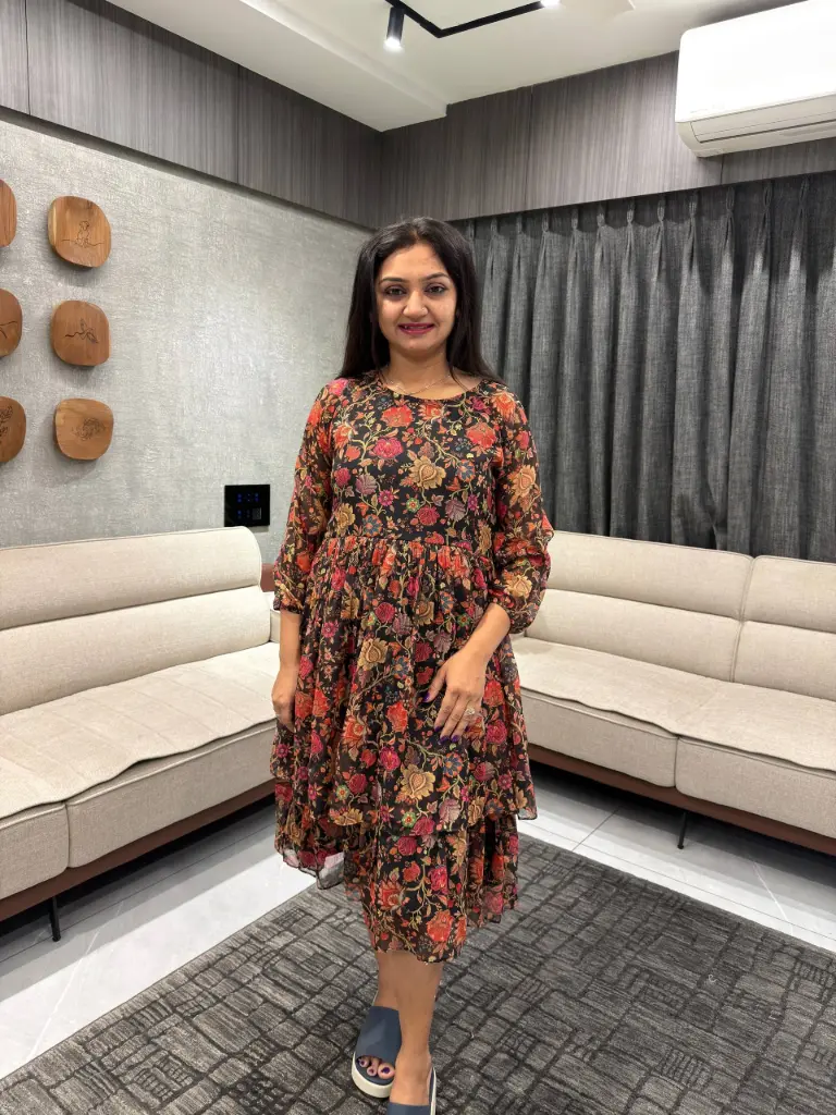 Black Georgette Floral Printed A-line Dress
