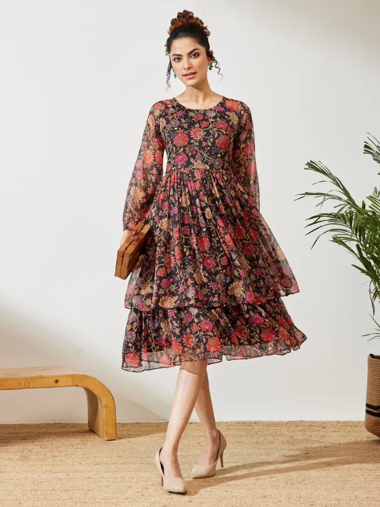 Black Georgette Floral Printed A-line Dress
