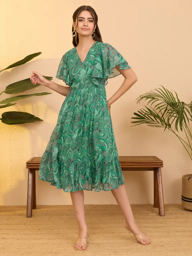 Aqua Green Georgette Paisley Printed Flared Dress