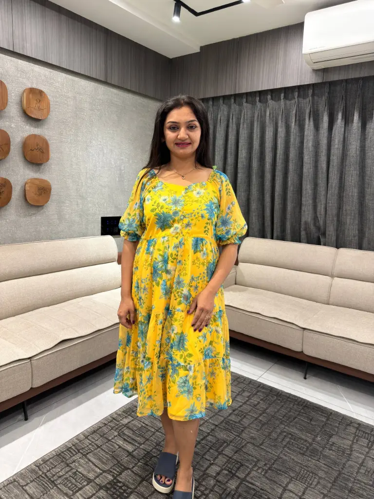 Yellow Georgette Floral Print Flared Western Dress