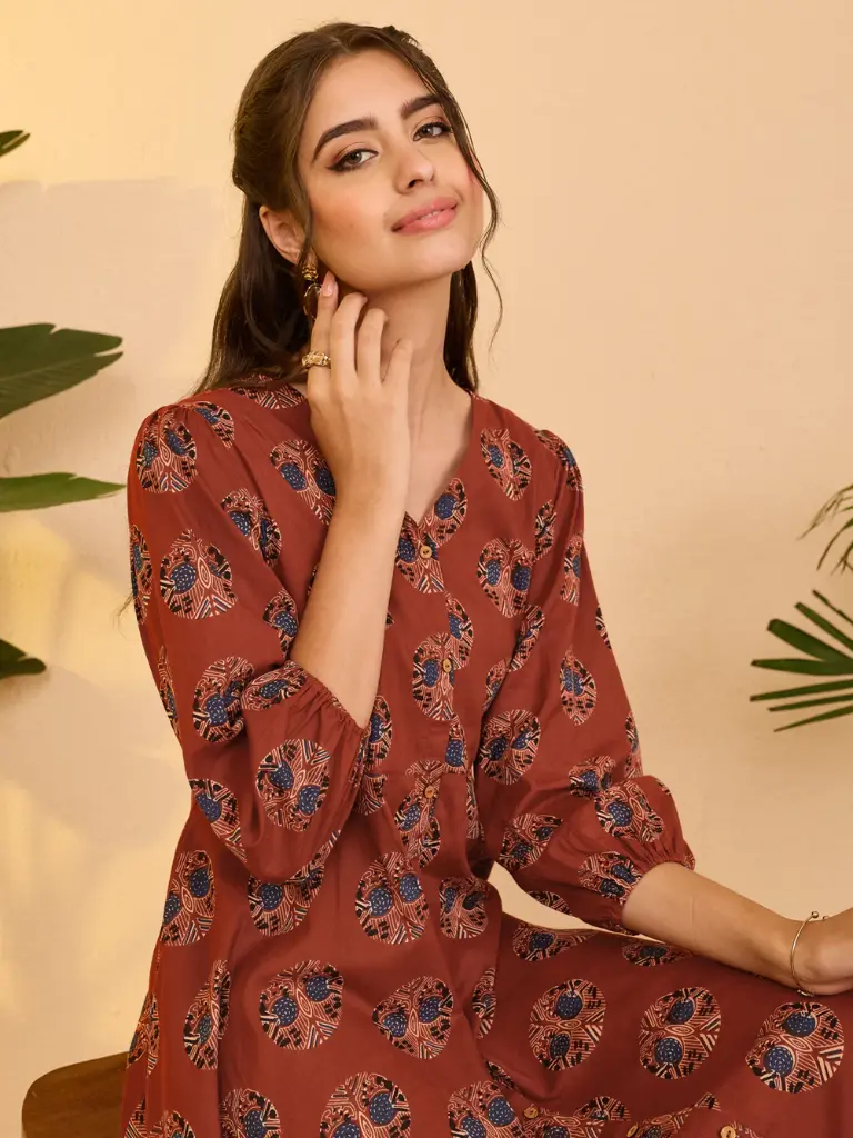 Red Pure Cotton Ethnic Motifs Printed A-line Dress