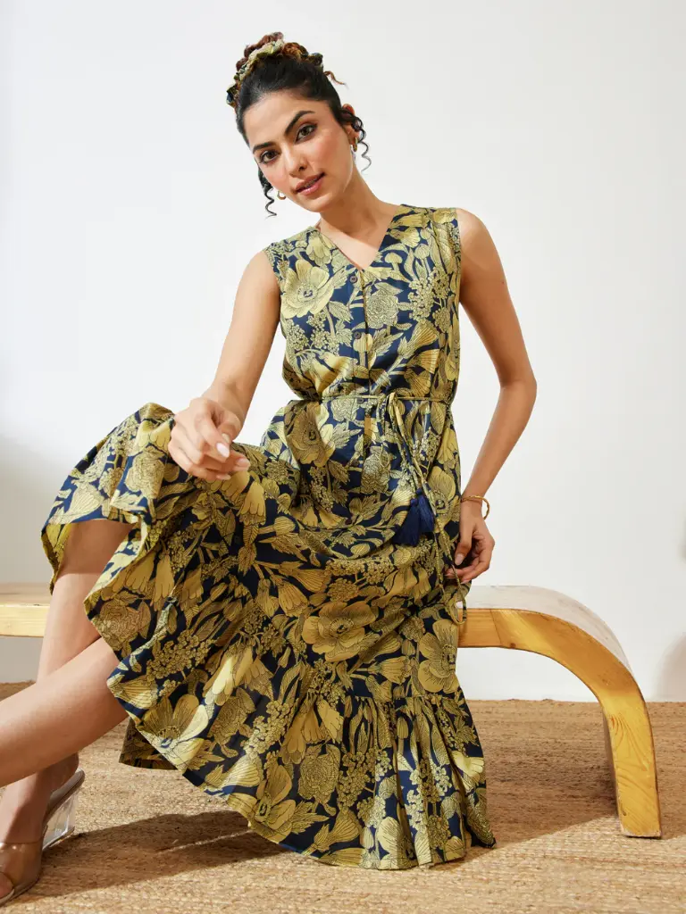 Navy Blue Pure Cotton Floral Fit & Flare Dress