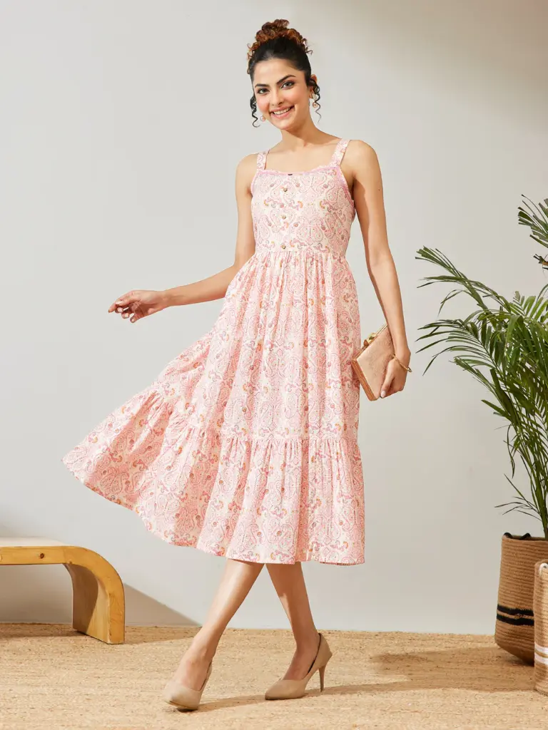 Peach Pure Cotton Paisley Printed Fit & Flare Dress