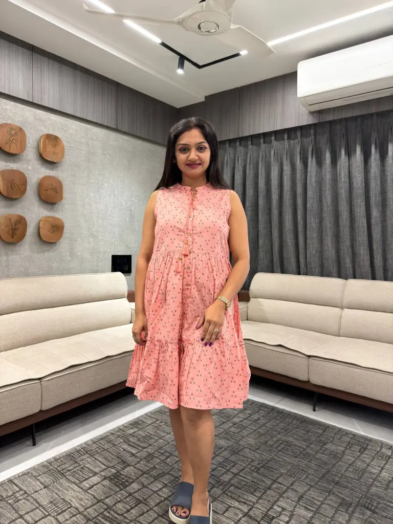 Peach Cotton Floral Printed Fit & Flare Dress