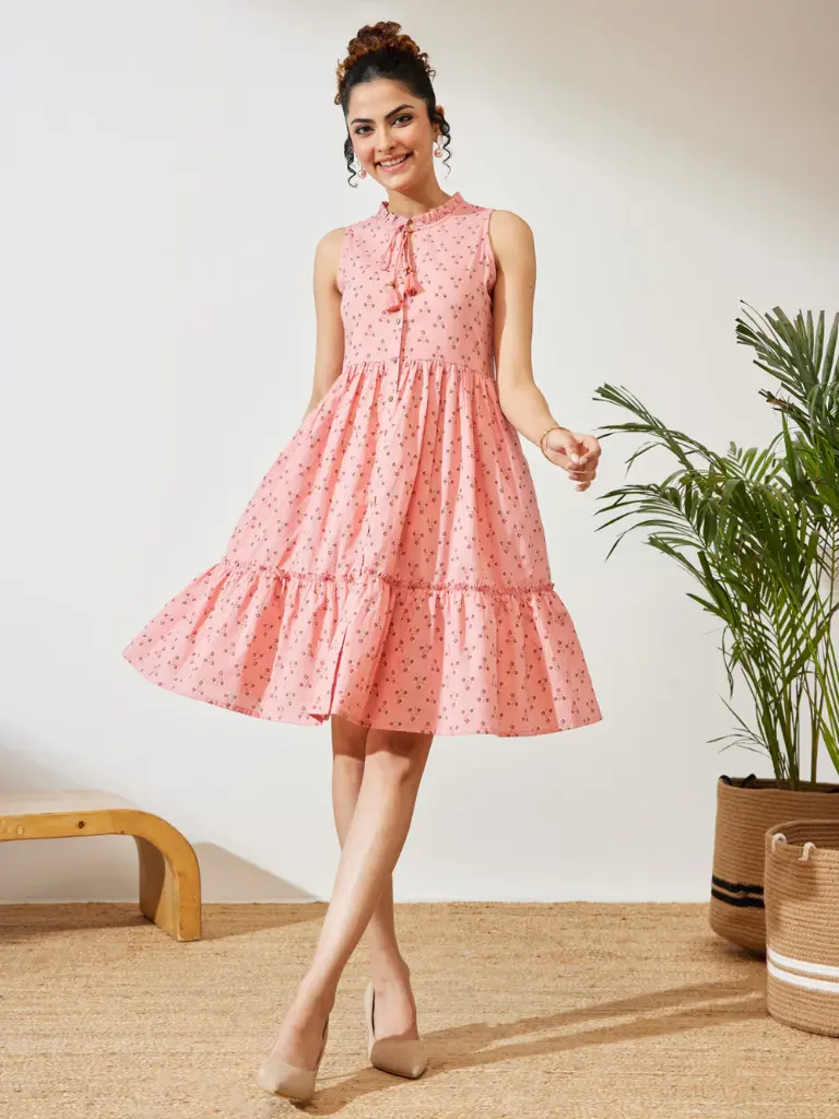 Peach Cotton Floral Printed Fit & Flare Dress