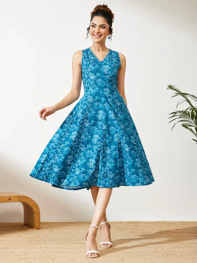 Blue Pure Cotton Floral Printed Flared Dress