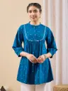 Teal Blue Pure Cotton Floral Foil Printed A-line Tunic