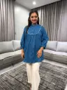 Teal Blue Pure Cotton Floral Foil Printed A-line Tunic