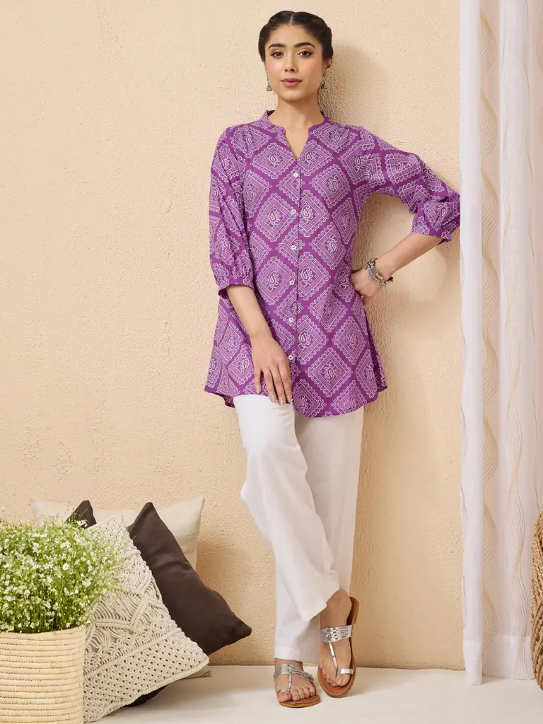 Purple Pure Cotton Bandhani Printed A-line Tunic