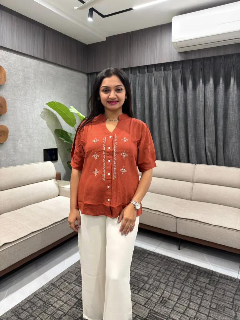 Rust Charm Embroidered Cotton Top