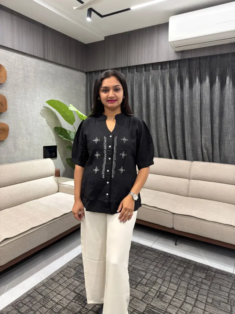 Midnight Elegance Embroidered Linen Top