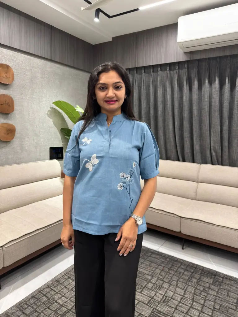 Steel Blue Butterfly Linen Top