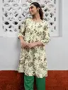 Off White Green Pure Cotton Floral Printed A-Line Tunic