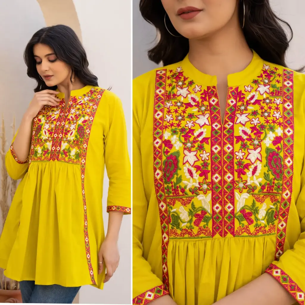 Radiant Mustard Floral Embroidered Cotton Tunic