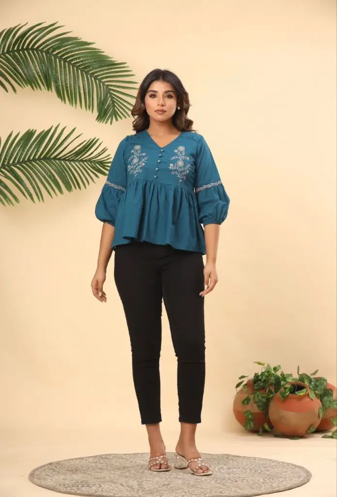 Teal Blossom Cotton Top