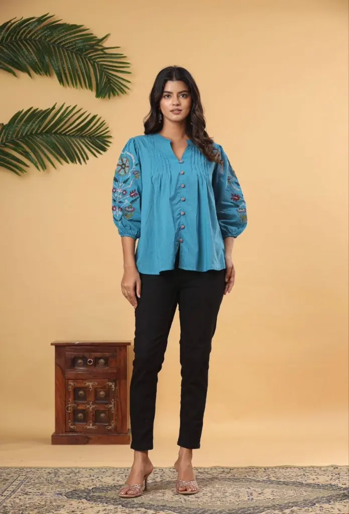 Aqua Bloom Pleated Cotton Top