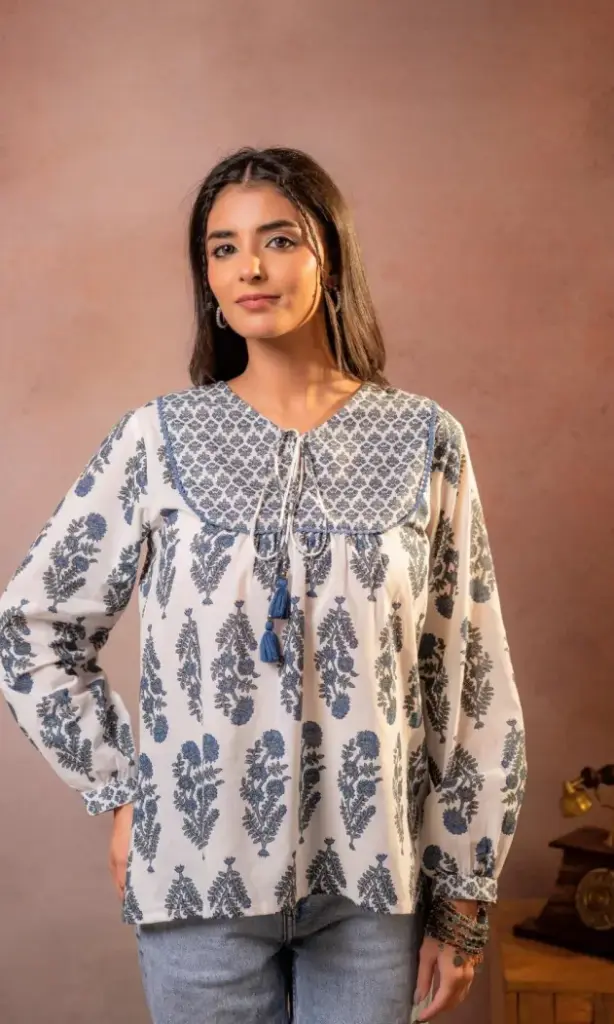 Classic Blue Print Cotton Top