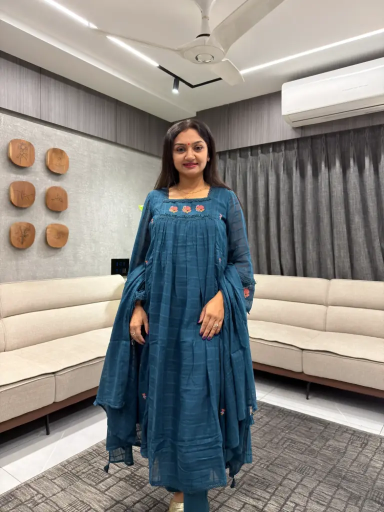 Royal Teal Floral Kota Doriya Ensemble