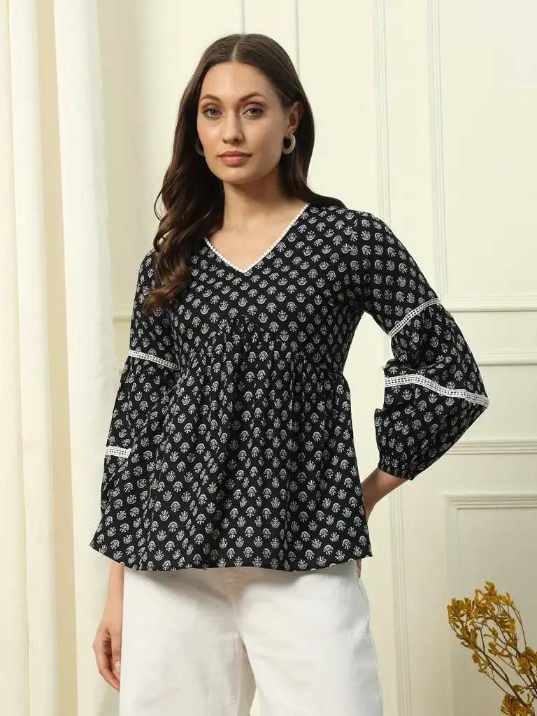 Black Cotton Top with Lace Detail and Printed Pattern