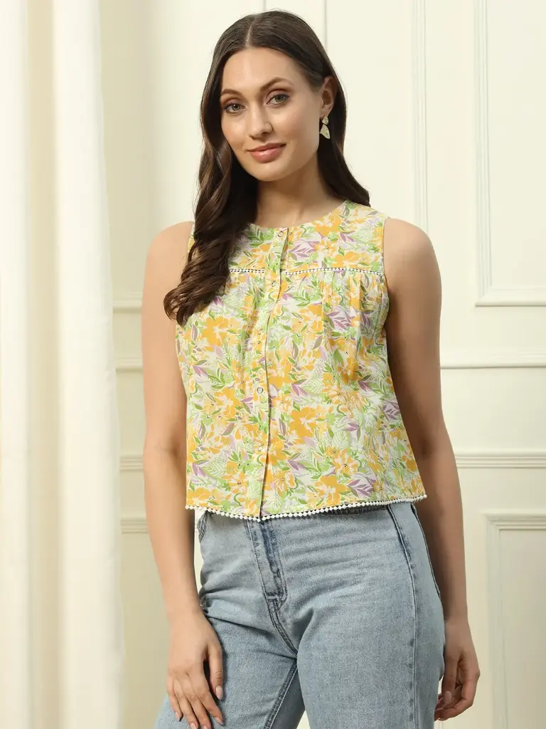 Floral Cotton Regular Fit Top With Lace Detail