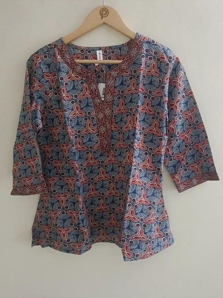 Indigo Floral Caligraphy Cotton Top