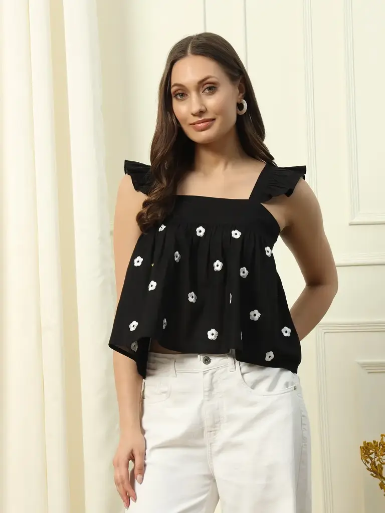 Black Cotton Crop Top with Embroidery Pattern