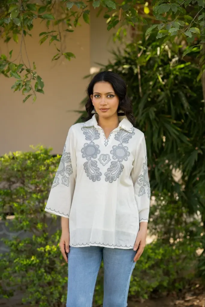 White Floral Embroidered Mull Cotton Top