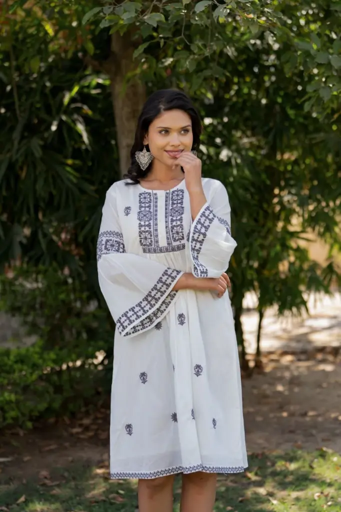 White Floral Embroidered Mull Mull Cotton Tunic